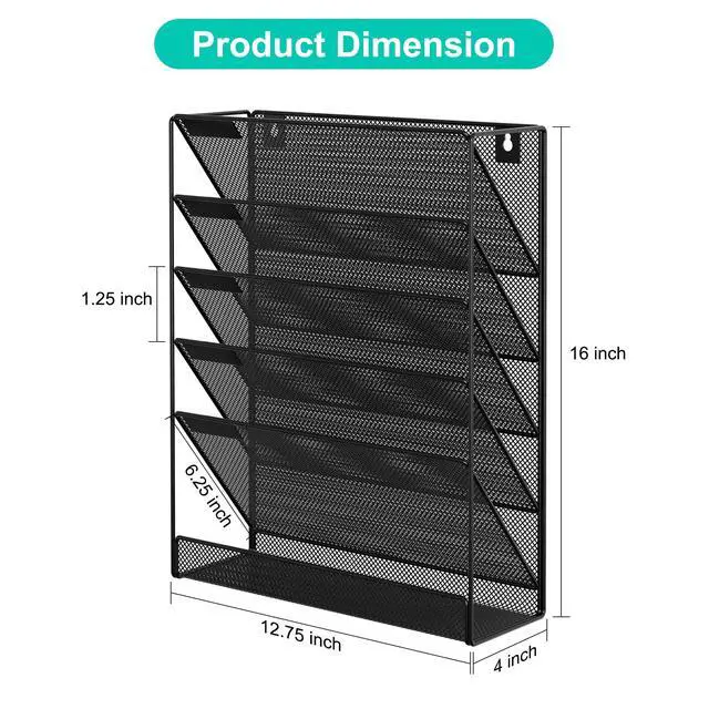 Alt view image 2 of 7 - 5 Tier Wall File Holder, Mesh Hanging Folder Organizer with Classify Label, Versatile Desk File Holder, Vertical Wall Mounted Mail Organizer for Office Home Cubicle, Black