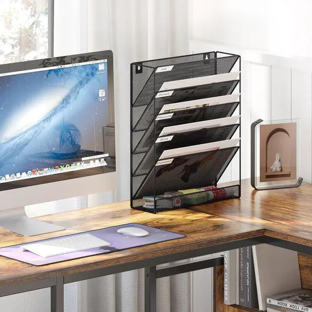 Alt view image 3 of 7 - 5 Tier Wall File Holder, Mesh Hanging Folder Organizer with Classify Label, Versatile Desk File Holder, Vertical Wall Mounted Mail Organizer for Office Home Cubicle, Black