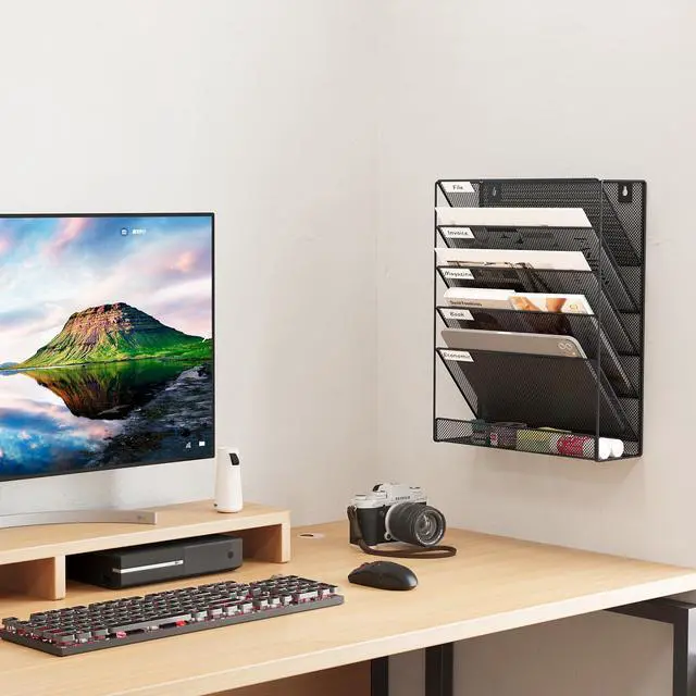 Alt view image 7 of 7 - 5 Tier Wall File Holder, Mesh Hanging Folder Organizer with Classify Label, Versatile Desk File Holder, Vertical Wall Mounted Mail Organizer for Office Home Cubicle, Black