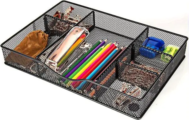Main image of Desk Drawer Organizer Tray, Metal Mesh Drawer Organizers Office, 6 Adjustable Compartment, Desk Organizer Tray for Home Office 12.87L x 8.73D x 1.96H inch, Black, 1PC Medium