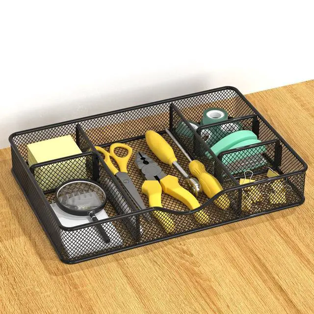 Alt view image 5 of 6 - Desk Drawer Organizer Tray, Metal Mesh Drawer Organizers Office, 6 Adjustable Compartment, Desk Organizer Tray for Home Office 12.87L x 8.73D x 1.96H inch, Black, 1PC Medium