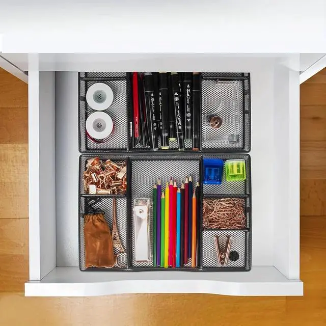 Alt view image 6 of 6 - Desk Drawer Organizer Tray, Metal Mesh Drawer Organizers Office, 6 Adjustable Compartment, Desk Organizer Tray for Home Office 12.87L x 8.73D x 1.96H inch, Black, 1PC Medium