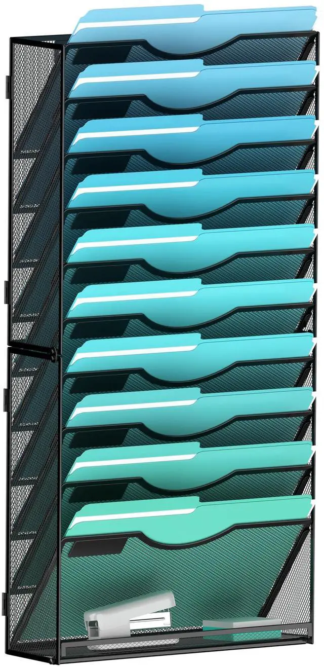 Main image of 11-Tier Wall File Organizer Hanging Wall File Holder Wall Mount Paper Folder Organize, Mesh Magazine Document Mail Organizer Wall Organizer for Office School Home, Black