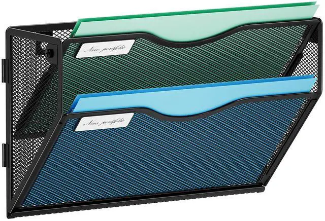 Main image of Wall File Holder 2-Tier Hanging Wall File Organizer, Mesh Mail Holder for Papers, Wall Mount File Clipboard & Magazine Organizer Great for Office Home (Black)