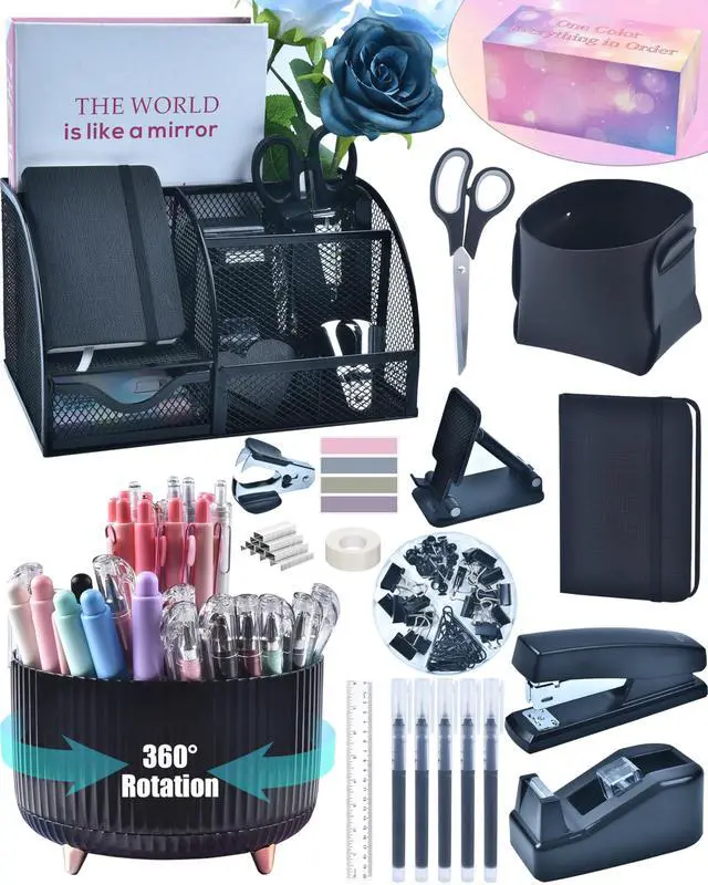 Main image of 20Pcs Black Desk Organizers and Accessories With Mesh Desk Organizer and 360°Rotating Pen Holder and a Lot of Office Black Office Supplies Beautifully Presented in a Gift Box