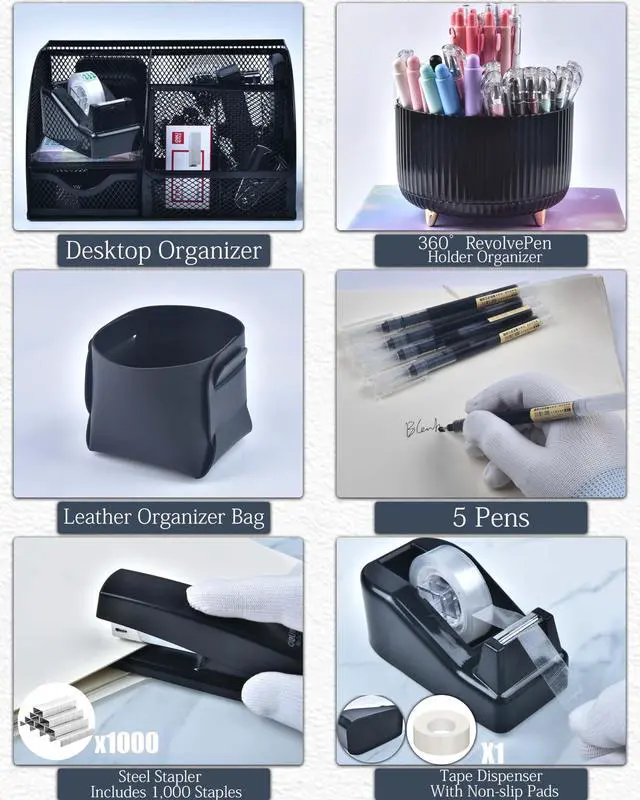 Alt view image 3 of 7 - 20Pcs Black Desk Organizers and Accessories With Mesh Desk Organizer and 360°Rotating Pen Holder and a Lot of Office Black Office Supplies Beautifully Presented in a Gift Box
