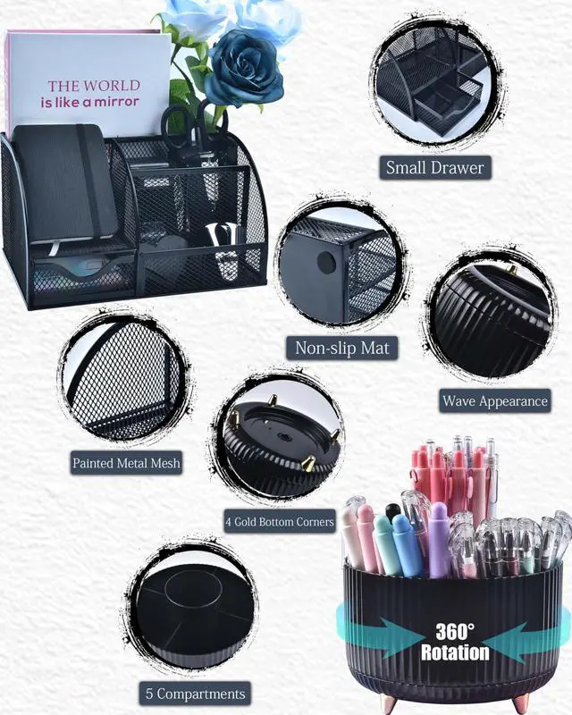 Alt view image 2 of 7 - 20Pcs Black Desk Organizers and Accessories With Mesh Desk Organizer and 360°Rotating Pen Holder and a Lot of Office Black Office Supplies Beautifully Presented in a Gift Box