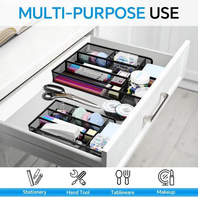 Alt view image 2 of 7 - Desk Drawer Organizer, Office Drawer Divider Organizer Tray with 6 Compartments, Metal Mesh Desktop Organization and Accessories for Stationery Makeup Kitchen Toolroom School Office, 12.6x8.27x1.6 in