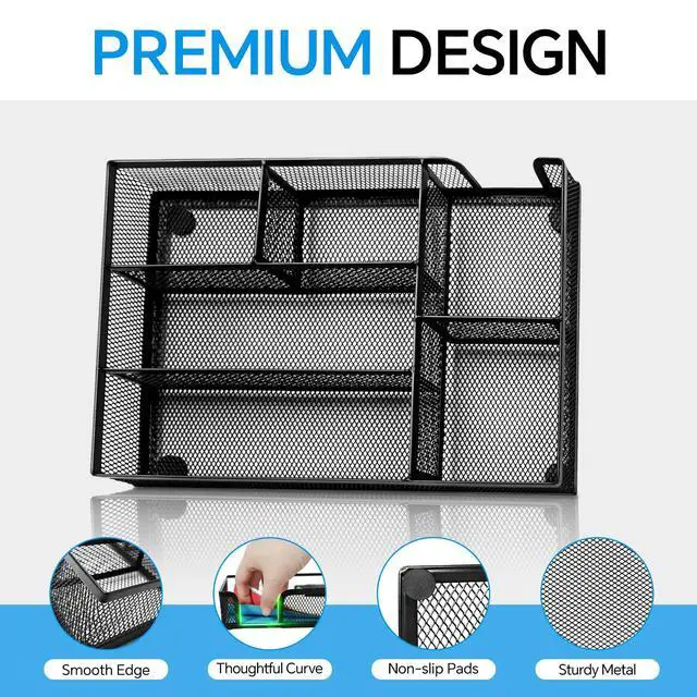 Alt view image 3 of 7 - Desk Drawer Organizer, Office Drawer Divider Organizer Tray with 6 Compartments, Metal Mesh Desktop Organization and Accessories for Stationery Makeup Kitchen Toolroom School Office, 12.6x8.27x1.6 in