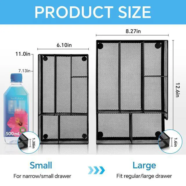 Alt view image 5 of 7 - Desk Drawer Organizer, Office Drawer Divider Organizer Tray with 6 Compartments, Metal Mesh Desktop Organization and Accessories for Stationery Makeup Kitchen Toolroom School Office, 12.6x8.27x1.6 in