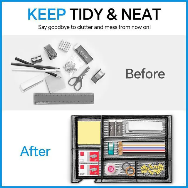 Alt view image 7 of 7 - Desk Drawer Organizer, Office Drawer Divider Organizer Tray with 6 Compartments, Metal Mesh Desktop Organization and Accessories for Stationery Makeup Kitchen Toolroom School Office, 12.6x8.27x1.6 in
