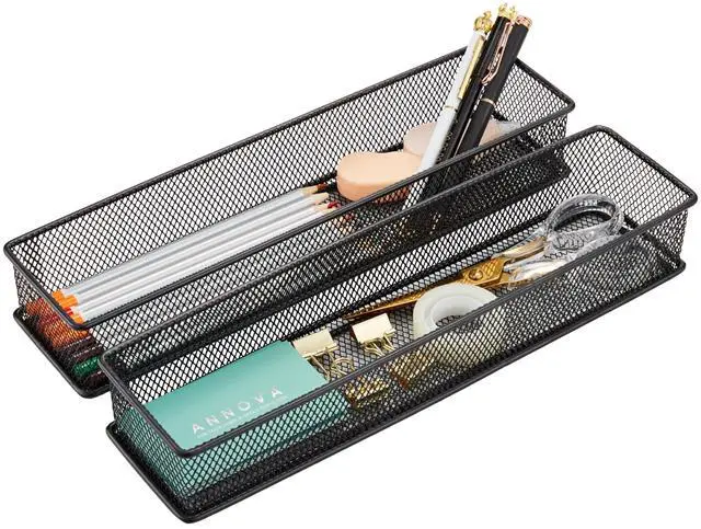 Main image of Mesh Stackable Drawer Cabinet and Shelf Organizer Bins Storage Basket School Office Supply Holder Tray- Set of 2 (Black, 3x12x2 Inch)