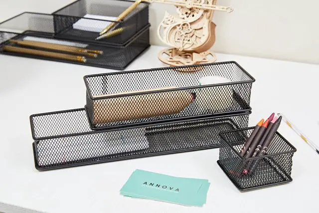 Alt view image 6 of 7 - Mesh Stackable Drawer Cabinet and Shelf Organizer Bins Storage Basket School Office Supply Holder Tray- Set of 2 (Black, 3x12x2 Inch)