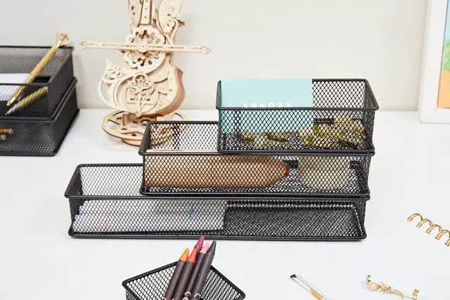 Alt view image 7 of 7 - Mesh Stackable Drawer Cabinet and Shelf Organizer Bins Storage Basket School Office Supply Holder Tray- Set of 2 (Black, 3x12x2 Inch)