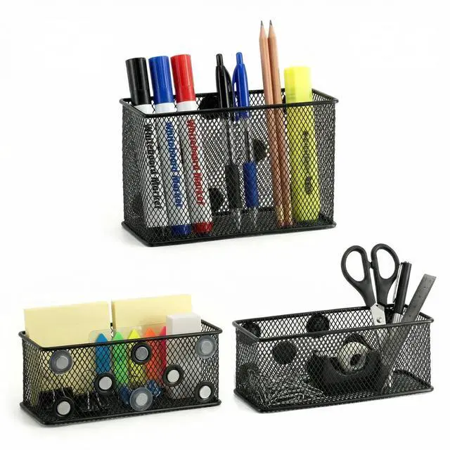 Main image of Magnetic Locker Shelf Organizer, Pencil Holder, Metal Storage Basket for Whiteboard, Refrigerator, Ideal Cabinet for School, Black (Pack of 3)