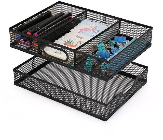 Main image of Office Drawer Organizer, 2 Pack Metal Mesh Desk Draw Divider, Versatile Desktop Organizer Tray to Keep Supplies Tidy and Easy to Access, Stackable A4 Paper Holder Tray