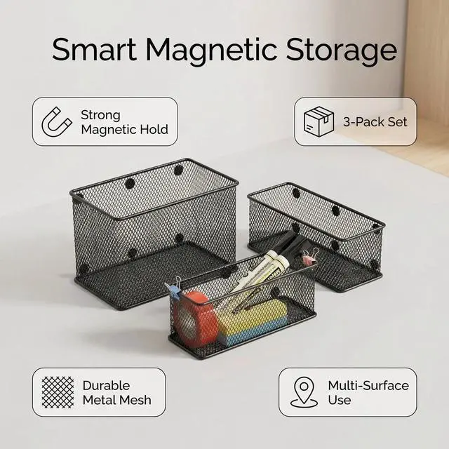 Alt view image 4 of 7 - Magnetic Locker Shelf Organizer, Pencil Holder, Metal Storage Basket for Whiteboard, Refrigerator, Ideal Cabinet for School, Black (Pack of 3)