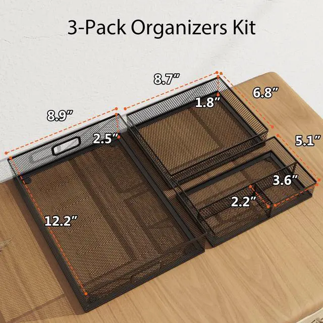 Alt view image 3 of 7 - Desk Drawer Organizer Set, 3 Pcs Metal Mesh Office Drawer Organizers, Paper Organizer Letter Tray for Desk, Junk Drawer Organizer for Office, Kitchen, Makeup, Vanity