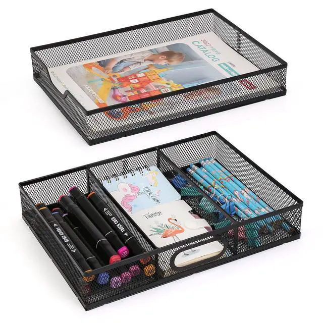 Alt view image 7 of 7 - Office Drawer Organizer, 2 Pack Metal Mesh Desk Draw Divider, Versatile Desktop Organizer Tray to Keep Supplies Tidy and Easy to Access, Stackable A4 Paper Holder Tray