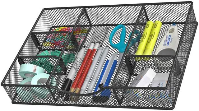 Main image of Desk Drawer Organizer Tray, Metal Mesh Drawer Organizers Office, 6 Adjustable Compartment, Desk Organizer Tray for Home Office 12 x 8.26 x 1.96 inch, Black, 1 Pack