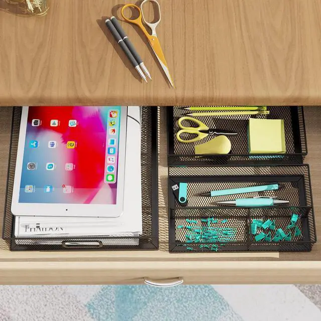 Alt view image 6 of 7 - Desk Drawer Organizer Set, 3 Pcs Metal Mesh Office Drawer Organizers, Paper Organizer Letter Tray for Desk, Junk Drawer Organizer for Office, Kitchen, Makeup, Vanity