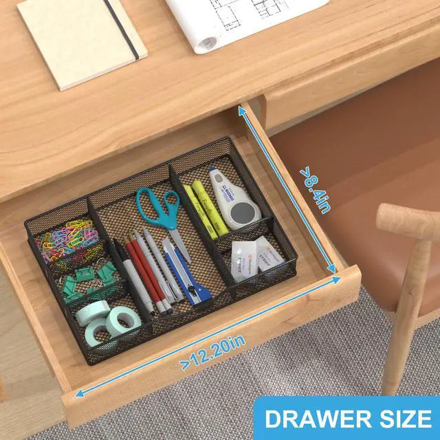 Alt view image 3 of 6 - Desk Drawer Organizer Tray, Metal Mesh Drawer Organizers Office, 6 Adjustable Compartment, Desk Organizer Tray for Home Office 12 x 8.26 x 1.96 inch, Black, 1 Pack