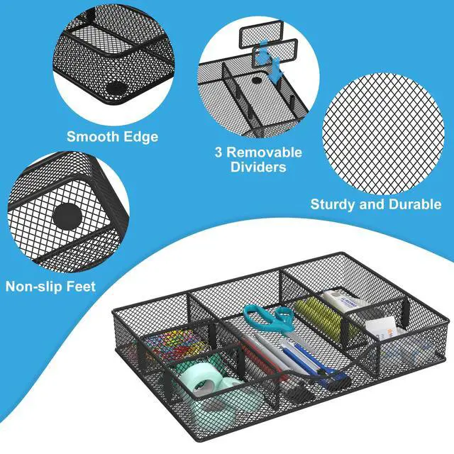 Alt view image 4 of 6 - Desk Drawer Organizer Tray, Metal Mesh Drawer Organizers Office, 6 Adjustable Compartment, Desk Organizer Tray for Home Office 12 x 8.26 x 1.96 inch, Black, 1 Pack