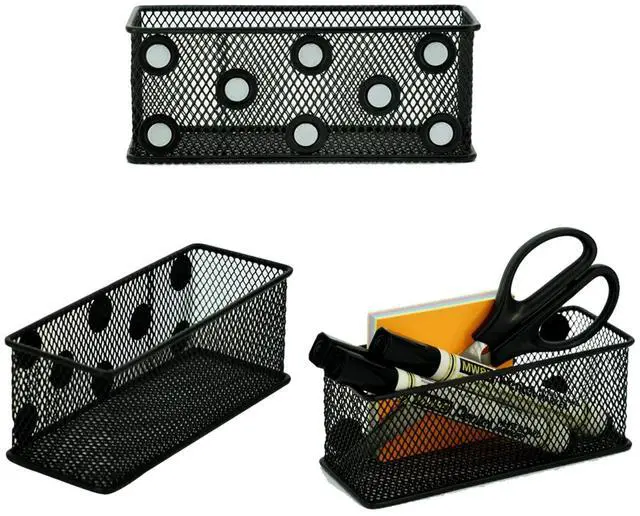 Main image of Magnetic Locker Organizer and Accessories, Wire Mesh Magnetic Storage Baskets, Magnetic Pencil Holder for Dry Erase Markers, Fridge, Whiteboard, School Locker, Pack of 3, Black