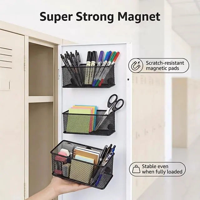 Alt view image 2 of 7 - Magnetic Locker Organizer and Accessories, Wire Mesh Magnetic Storage Baskets, Magnetic Pencil Holder for Dry Erase Markers, Fridge, Whiteboard, School Locker, Pack of 3, Black