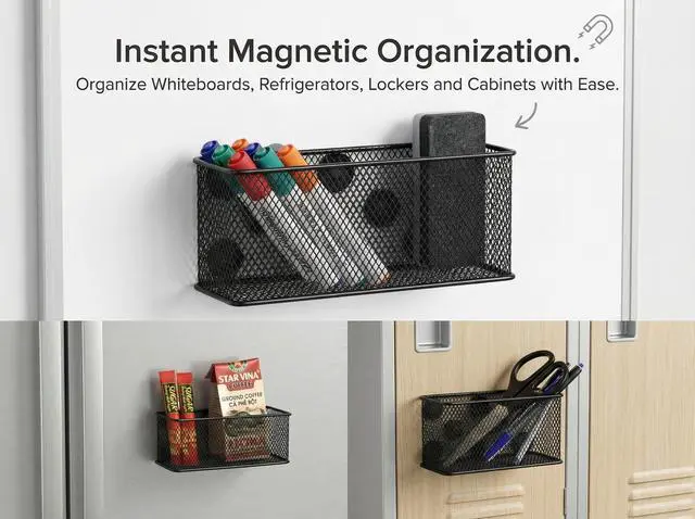 Alt view image 4 of 7 - Magnetic Locker Organizer and Accessories, Wire Mesh Magnetic Storage Baskets, Magnetic Pencil Holder for Dry Erase Markers, Fridge, Whiteboard, School Locker, Pack of 3, Black
