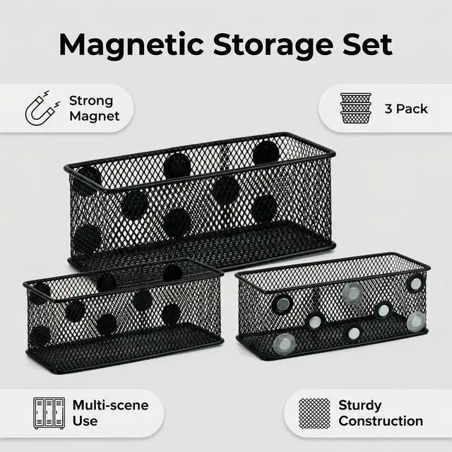 Alt view image 6 of 7 - Magnetic Locker Organizer and Accessories, Wire Mesh Magnetic Storage Baskets, Magnetic Pencil Holder for Dry Erase Markers, Fridge, Whiteboard, School Locker, Pack of 3, Black