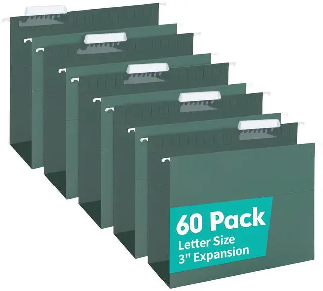 Main image of Extra Capacity Hanging File Folders, 60 Pack Reinforced Letter Size Hanging Folders with Heavy Duty 3 Inch Expansion, Designed for Bulky Files, Medical Charts, Green