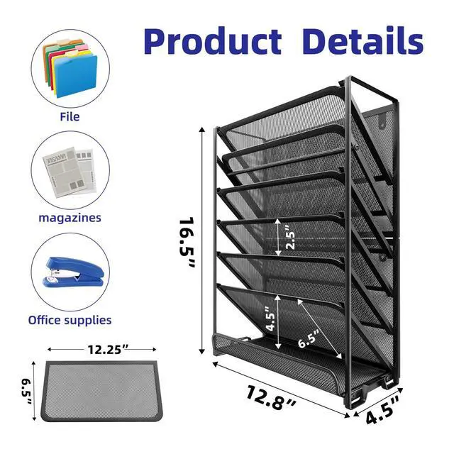 Alt view image 2 of 7 - Wall File Organizer, Mesh 7-Tier Vertical Hanging File Holder, Desktop Metal Files Rack for Office and Home, Black