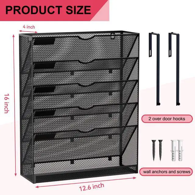 Alt view image 3 of 7 - 6-Tier Hanging File Organizer Office Cubicle Accessories for Work Organizer Wall Mount File Holder for Mails Folders Papers Magazine Organization, Black