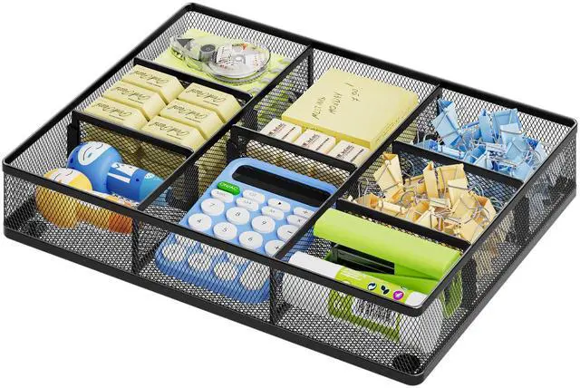 Main image of Desk Drawer Organizer, Metal Mesh Drawer Organizer Tray with 5 Adjustable Compartments,Desk Organizers and Accessories for Home,Office,Kitchen,Makeup,Vanity (Black)