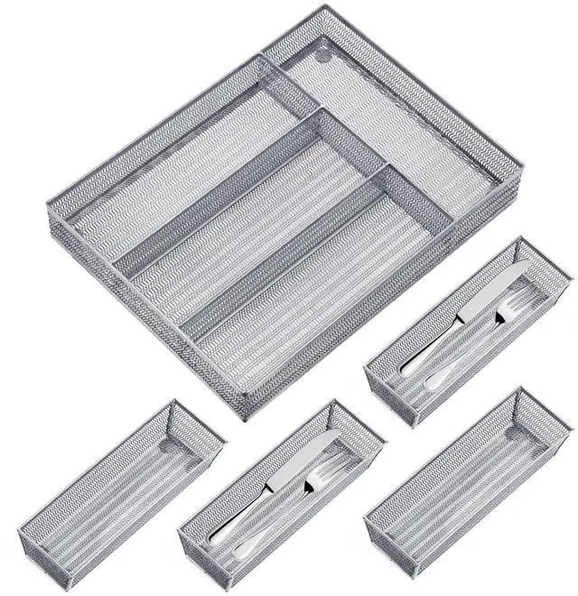 Main image of Drawer Organizer Set 5 Pack - 4-Compartment Silverware Organizer Tray + 4 Utensil Trays, Kitchen Drawer Organizer for Flatware, Cutlery, Office Supplies, Silver Mesh, Non-Slip,Silver
