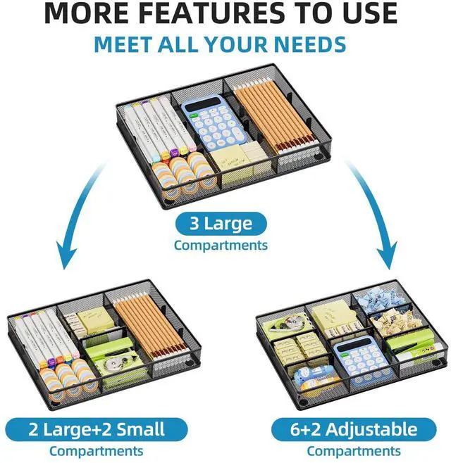 Alt view image 2 of 7 - Desk Drawer Organizer, Metal Mesh Drawer Organizer Tray with 5 Adjustable Compartments,Desk Organizers and Accessories for Home,Office,Kitchen,Makeup,Vanity (Black)