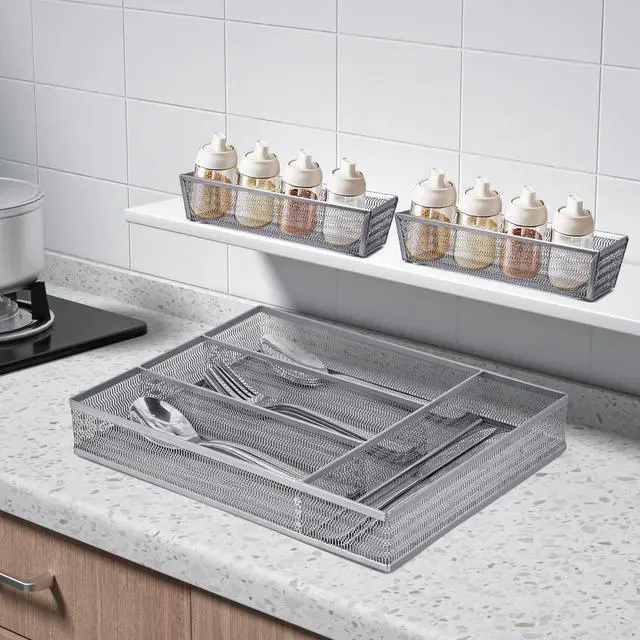 Alt view image 2 of 7 - Drawer Organizer Set 5 Pack - 4-Compartment Silverware Organizer Tray + 4 Utensil Trays, Kitchen Drawer Organizer for Flatware, Cutlery, Office Supplies, Silver Mesh, Non-Slip,Silver