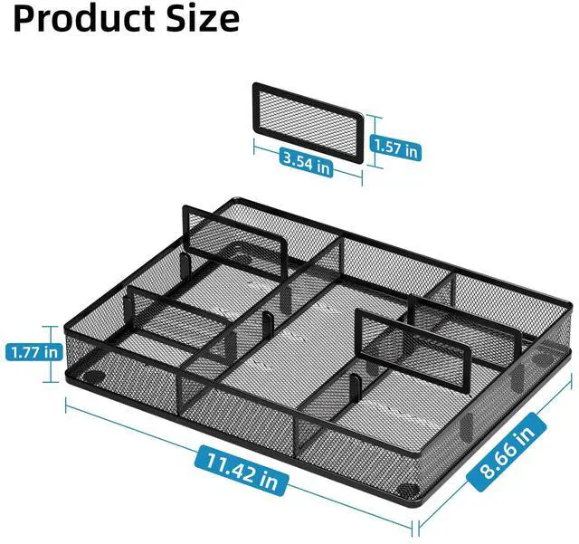 Alt view image 3 of 7 - Desk Drawer Organizer, Metal Mesh Drawer Organizer Tray with 5 Adjustable Compartments,Desk Organizers and Accessories for Home,Office,Kitchen,Makeup,Vanity (Black)