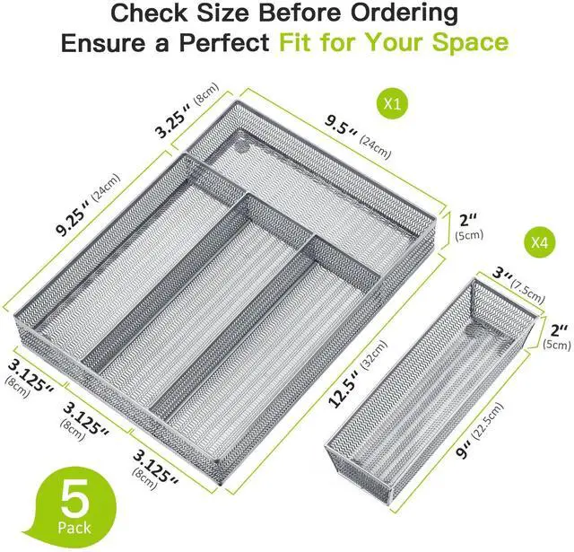 Alt view image 3 of 7 - Drawer Organizer Set 5 Pack - 4-Compartment Silverware Organizer Tray + 4 Utensil Trays, Kitchen Drawer Organizer for Flatware, Cutlery, Office Supplies, Silver Mesh, Non-Slip,Silver