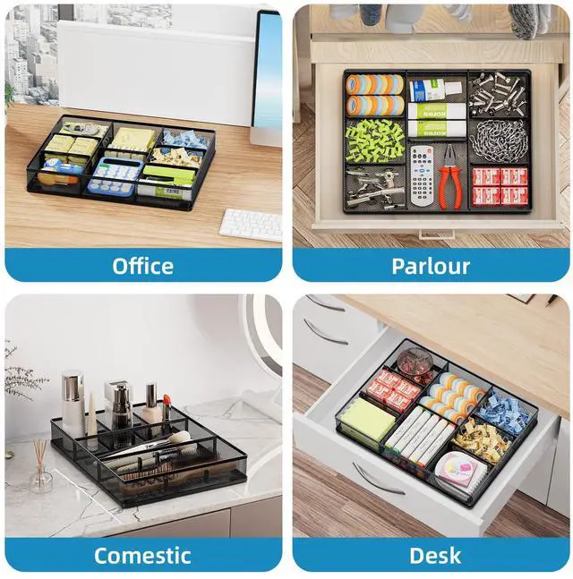 Alt view image 4 of 7 - Desk Drawer Organizer, Metal Mesh Drawer Organizer Tray with 5 Adjustable Compartments,Desk Organizers and Accessories for Home,Office,Kitchen,Makeup,Vanity (Black)