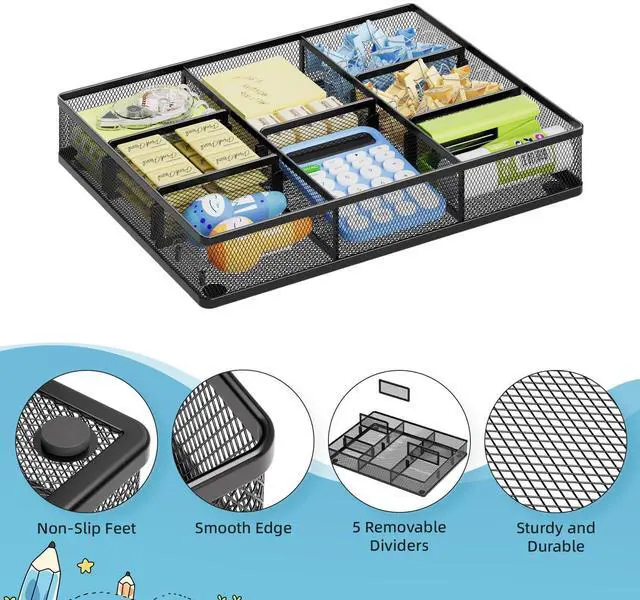 Alt view image 5 of 7 - Desk Drawer Organizer, Metal Mesh Drawer Organizer Tray with 5 Adjustable Compartments,Desk Organizers and Accessories for Home,Office,Kitchen,Makeup,Vanity (Black)