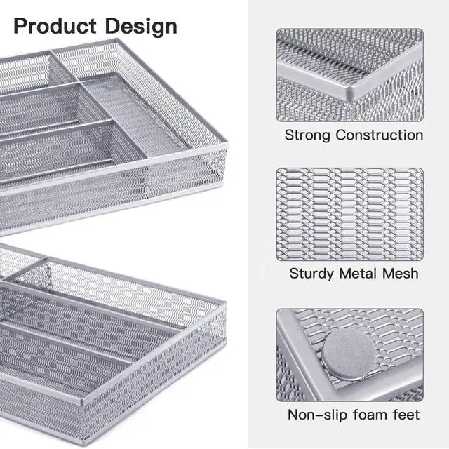 Alt view image 4 of 7 - Drawer Organizer Set 5 Pack - 4-Compartment Silverware Organizer Tray + 4 Utensil Trays, Kitchen Drawer Organizer for Flatware, Cutlery, Office Supplies, Silver Mesh, Non-Slip,Silver