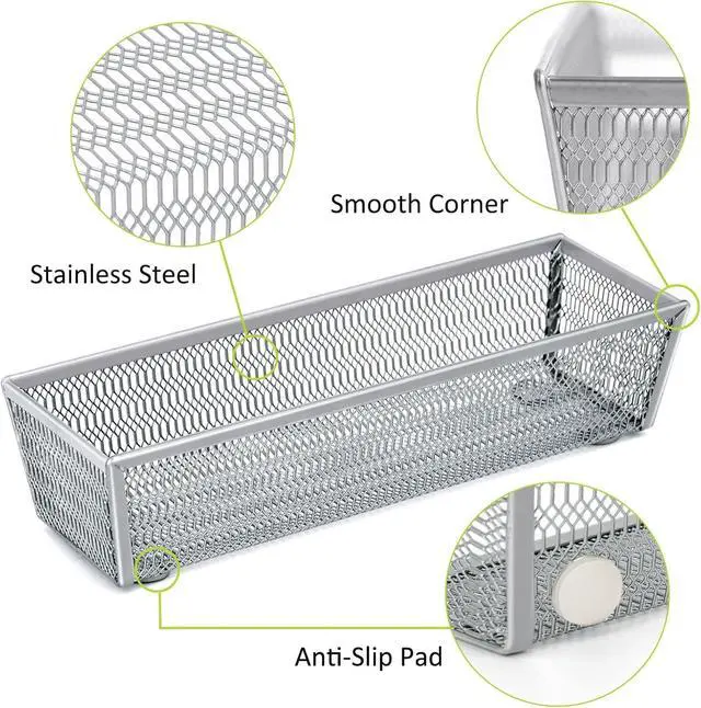 Alt view image 5 of 7 - Drawer Organizer Set 5 Pack - 4-Compartment Silverware Organizer Tray + 4 Utensil Trays, Kitchen Drawer Organizer for Flatware, Cutlery, Office Supplies, Silver Mesh, Non-Slip,Silver
