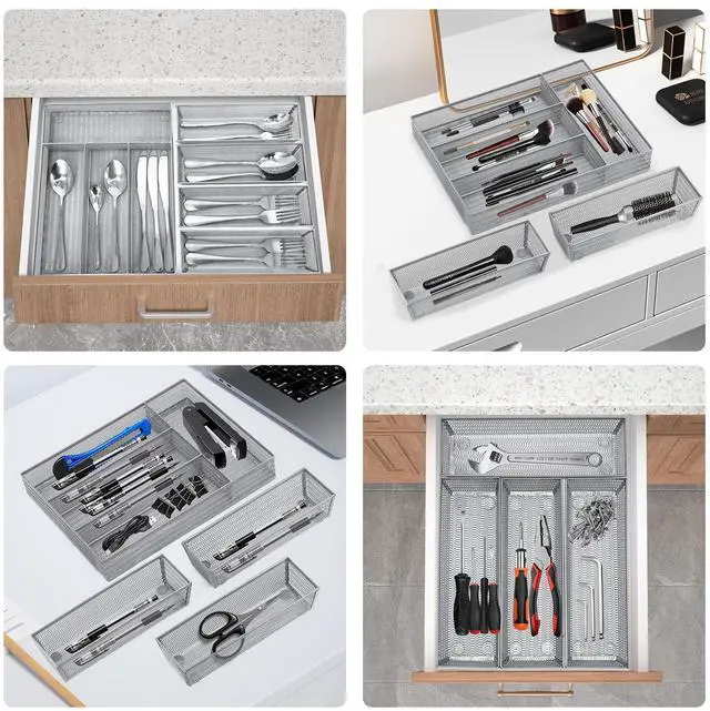 Alt view image 6 of 7 - Drawer Organizer Set 5 Pack - 4-Compartment Silverware Organizer Tray + 4 Utensil Trays, Kitchen Drawer Organizer for Flatware, Cutlery, Office Supplies, Silver Mesh, Non-Slip,Silver