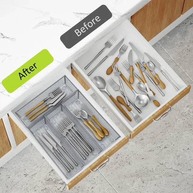 Alt view image 7 of 7 - Drawer Organizer Set 5 Pack - 4-Compartment Silverware Organizer Tray + 4 Utensil Trays, Kitchen Drawer Organizer for Flatware, Cutlery, Office Supplies, Silver Mesh, Non-Slip,Silver