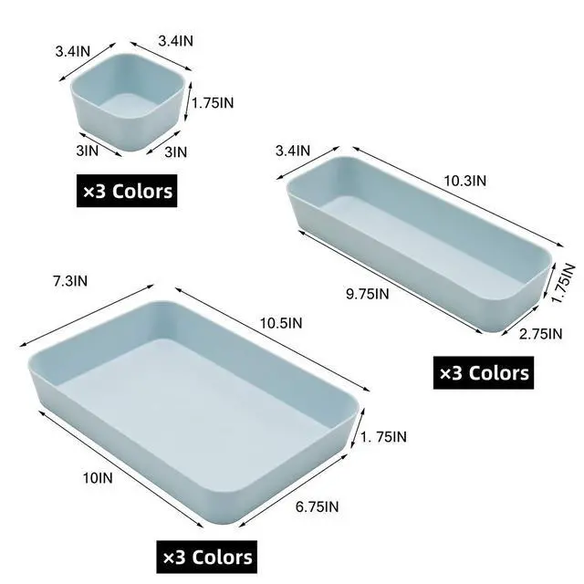 Alt view image 2 of 7 - (9 Piece Set) Large Size Plastic Desk Drawer Organizers For Makeup Bathroom Office Kitchen Three Colors