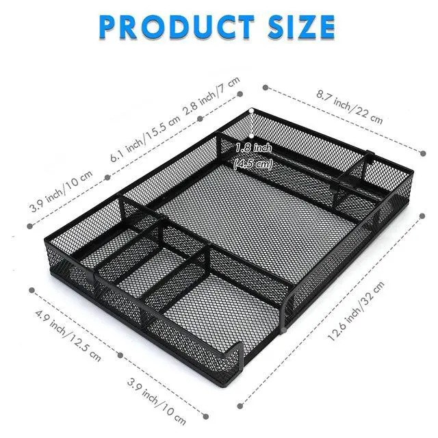 Alt view image 5 of 7 - Desk Drawer Organizer Tray with Adjustable Compartments, 6 Grid Metal Mesh Drawer, Multi-use Desk Organizer Storage Box Set for Office,Home,School Supplies, 12.6X9X1.9 inch