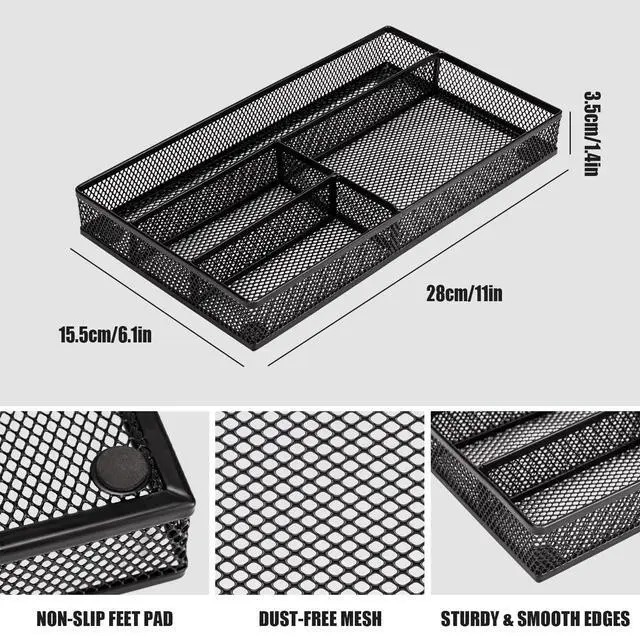Alt view image 2 of 6 - Desk Drawer Organizer Tray,Drawer Organizer for Office and Home,Desk Organizer with Drawers,4 Compartments,Non-Slip Desk Organizers and Accessories for Stationery Makeup School (Black)