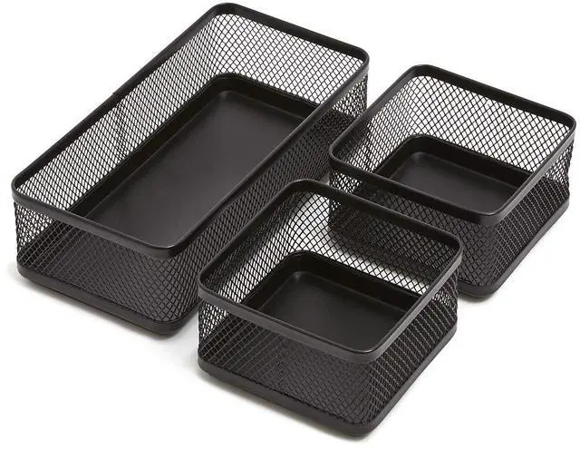 Main image of Mesh Collection Desk Drawer Organizer Tray 3 Compartment - Stackable, Matte Black